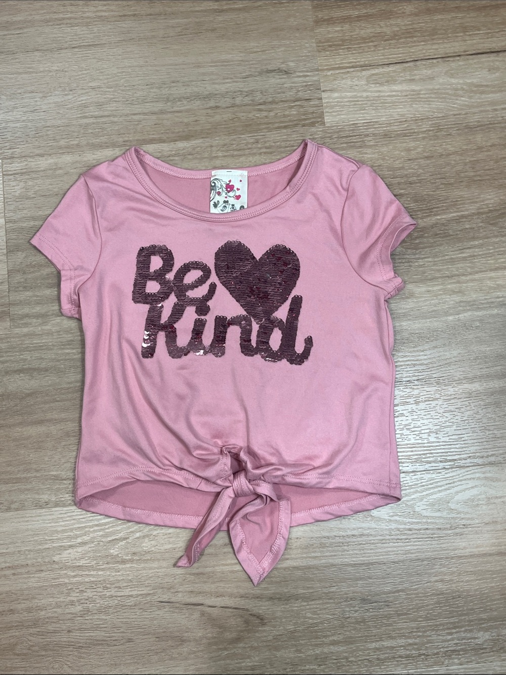 Jenna & Jessie Girls Pink "Be Kind" Flipping Sequin Knot Cropped Shirt size 8